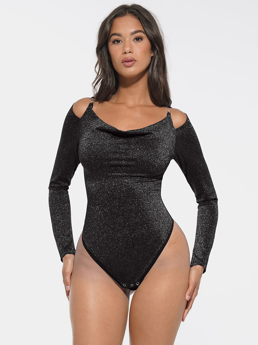 Wholesale Shiny Draped Neck All In One Shapewear Bodysuit with Built In Bra and Thong Snap Crotch