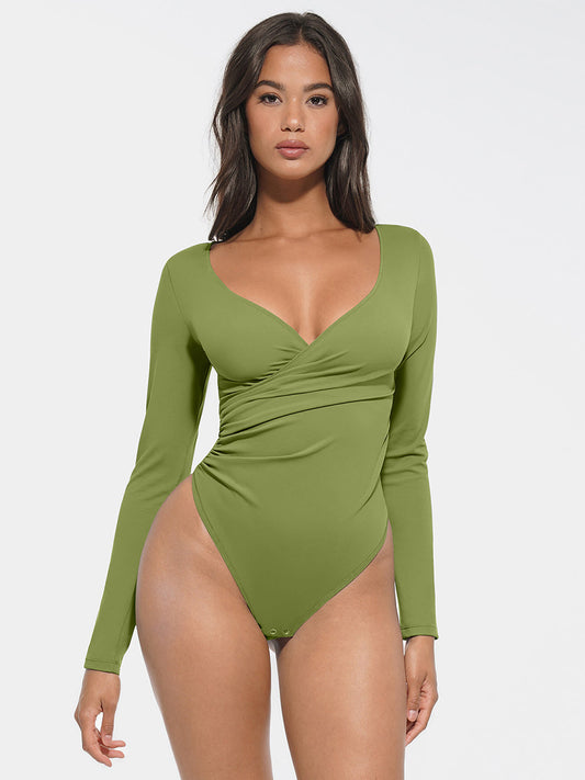 Wholesale Sexy V-neck Overlapping pleated Waist and Tummy Control Antibacterial Crotch Bodysuit